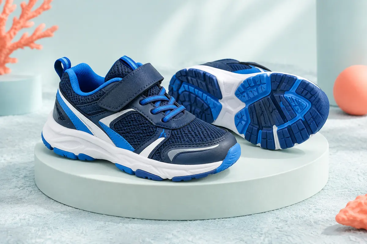 Paire de chaussures de tennis junior bleu marine, blanc et bleu atomique sur un socle clair
